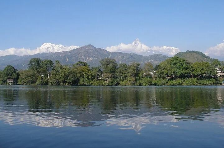 Phewa Lake with Himalayan backdrop — Pokhara, Nepal